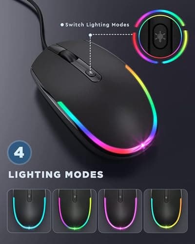 seenda Wired Mouse - USB Corded Mouse with Colorful RGB Backlit, Plug and Play, 1600 DPI Optical Tracking，Silent Computer Mouse for Laptop, PC, Chromebook, Desktop, Office, School, Home, Black