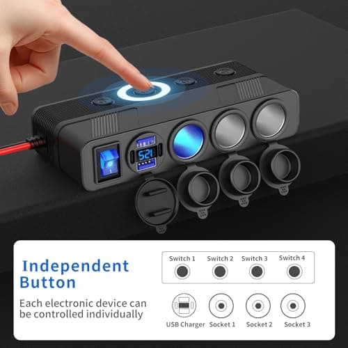 12V 24V Car Charger Socket Splitter with 10FT/3M Cable, 3 Cigarette Lighter Socket Multi 4 Port Adapter Plug with LED Display Master Switch Independent Switch,12 Volt Power Outlet with Eyelet Terminal — view 4