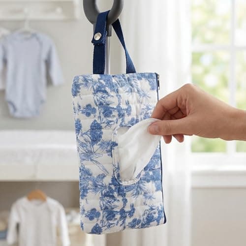 Quilted Baby Wipe Holder, Canvas Floral Quilted Pouch with Hanging Strap, Portable Diaper Wipe Holder for Travel Stroller-Grand Classical Blue — view 5