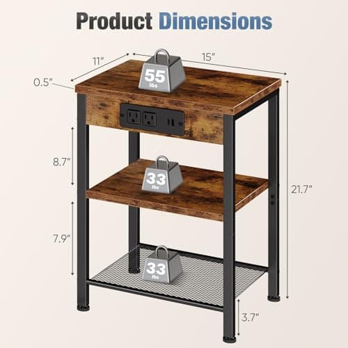 DUMOS 15.7" Small Side Table with Charging Station, End Table with Outlets & USB Ports, 3-Tier Adjustable Storage Nightstand for Living Room, Bedroom, Small Spaces, Record Player Stand, Rustic Brown