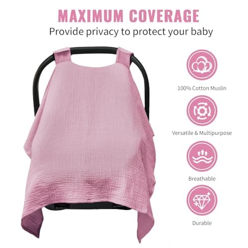Metplus Muslin Car Seat Cover for Baby Girls, 100% Cotton Breathable Infant Carseat Canopy for Summer, Lightweight Stroller Sunshade Covers (Pale Pink) — view 3