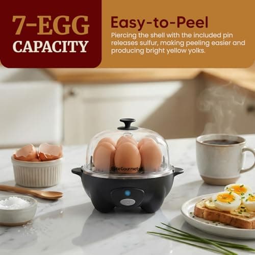 Elite Gourmet EGC-007B# Rapid Egg Cooker, 7 Easy-To-Peel, Hard, Medium, Soft Boiled Eggs, Poacher, Omelet Maker, Auto Shut-Off, Alarm, 16-Recipe Booklet, BPA-Free, Black
