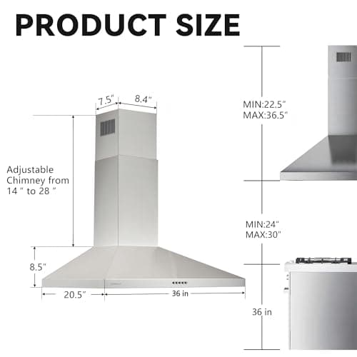 36 Inch Wall Mount Range Hood, 700 CFM Stainless Steel Chimney Vent Hood, Ducted/Ductless Convertible, 3-Speed Push Button Control, Dishwasher-Safe Filters, LED Strip Light