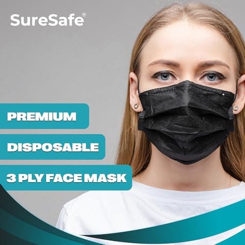 SURESAFE Premium Black Mask - Disposable Face Mask Pack of 100, 3 Ply face mask with Ear Loop, Women and Men Face Mask, High Filtration