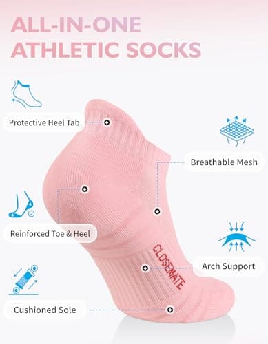 CLOSEMATE Athletic Running Ankle Socks for Men & Women Cushioned Breathable Low Cut Tab Socks with Arch Support 6 Pairs(2BlushPink 2Lavender 2MintGreen,M)