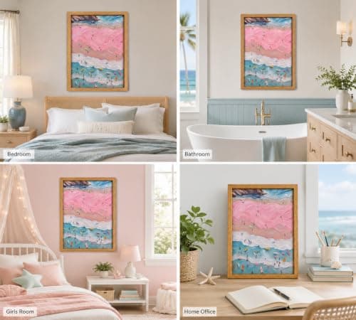 Framed Pink Girl Coastal Canvas Wall Art, Beach Surfers on Pastel Sand Painting Picture Wall Decor,Vibrant Ocean Poster Print Artwork,for Bedroom Bathroom Girls Room Home Decoration 8x10inch — view 5