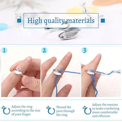 FOUSNOW 11 Pcs Crochet Ring, Adjustable Knitting Tension Rings, Finger Loop Yarn Rings Crochet Ring for Finger, Cat Guide Knitting Thimble, Faster Knitting Accessories for Mother Grandma — view 3