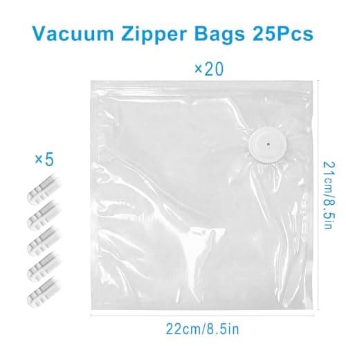 MEGAWISE Vacuum Zipper Bags 20Pcs (8.5 * 8.5in), BPA Free, Reusable Food Storage Bags with Air Valve for Sous Vide Cooking/Freezer/Microwave Heating, with 5 Seal Clips.