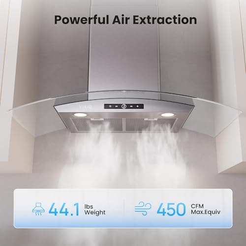 VIKIO HOME 36 Inch Wall Mount Range Hood, 450 CFM Dual Inlet, Curved Glass Kitchen Vent Hood, Ducted/Ductless Convertible, 3-Speed Touch Control, LED Lights, Stainless Steel