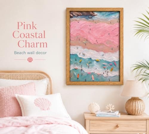 Framed Pink Girl Coastal Canvas Wall Art, Beach Surfers on Pastel Sand Painting Picture Wall Decor,Vibrant Ocean Poster Print Artwork,for Bedroom Bathroom Girls Room Home Decoration 8x10inch