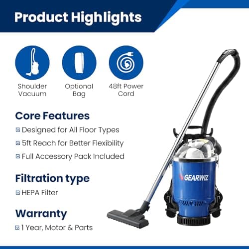 Gearwiz Backpack Vacuum Cleaner – 1000W Shoulder Vacuum with 25KPA Suction, Bagged or Bagless Use, Adjustable Harness, Double Filtration, Washable Dust Bag & Tools for Home, Office, Stairs & Cars — view 4