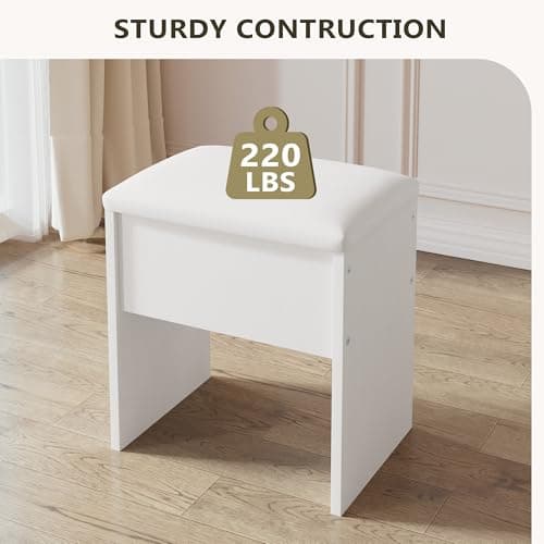 LIVELYGLOW Small Makeup Vanity Stool,15.7" W x 10.2" D x 16.7" H，White（Easy Assembly,PU Cushion Mat, Footstool） — view 4
