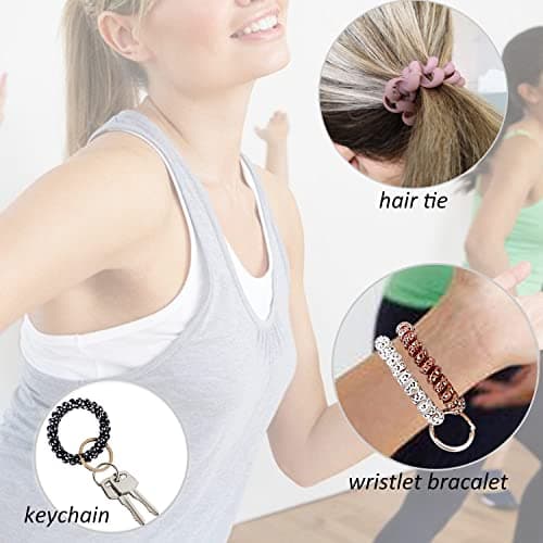 BIHRTC Pack of 6 Stretchy Keychain Plastic Coil Stretch Wristband Bracelet Wrist Coil Key Ring Wrist Coil Wrist Keychain Colorful Stretch Key Chain for Gym Pool ID Badge Sauna — view 2