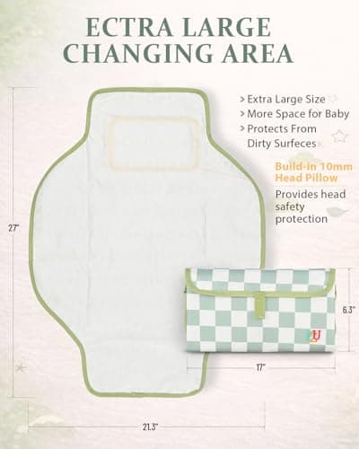 PZU Portable Diaper Changing Pad - Waterproof Travel Changing Mat with Built-in Pillow, Gifts for Baby Shower, Newborn Girls & Boys（Sage Checkers） — view 2