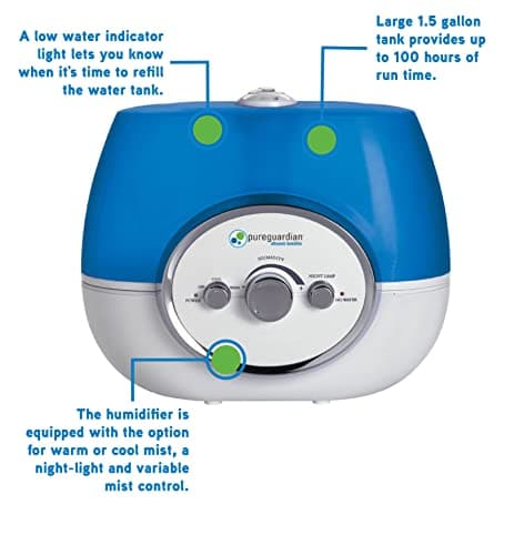 PureGuardian H1510 Ultrasonic Warm and Cool Mist Humidifier for Bedrooms, Quiet, Filter-Free, 11L Output Up to 100 Hr Run Time, 1.5 Gal Treated Tank Surface Resists Mold, Pure Guardian Room Humidifier — view 5