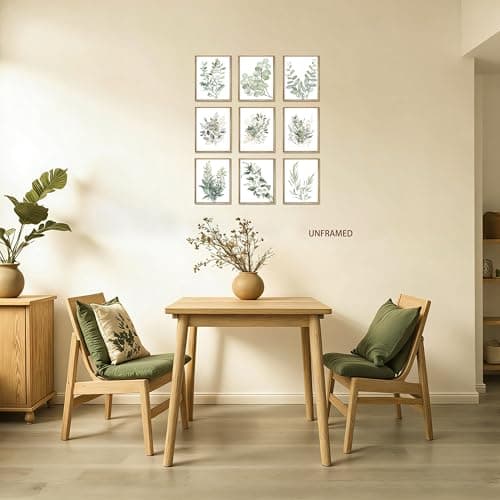 Sage Green Wall Art Set 9, Modern Watercolor Botanical Poster Prints, Unframed Eucalyptus Leaf and Minimalist Floral Picture Wall Decor for Bedroom, Bathroom and Office, 8x10 inch