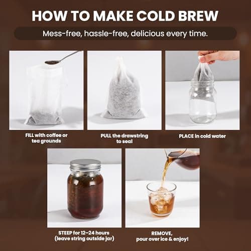 URCYLA Cold Brew Bags, 100 Count Brew Coffee Filter Bags, 6 * 8 Inch Fine Mesh Drawstring Pouches, Fits Mason Jars & French Press, Ideal for Tea, Herbs & Spices — view 5