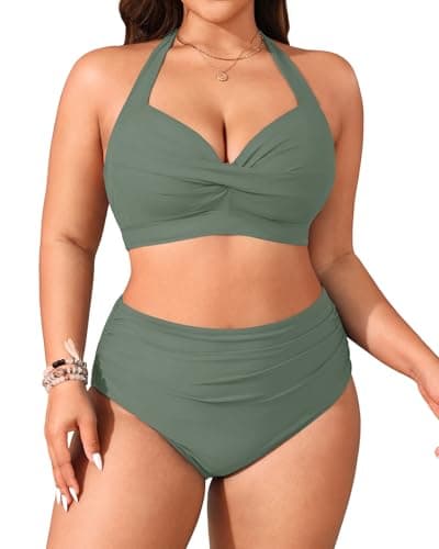 Tempt Me Women Two Piece Vintage Swimsuit Retro Halter Ruched High Waist Bikini with Bottom, Olive Green, S