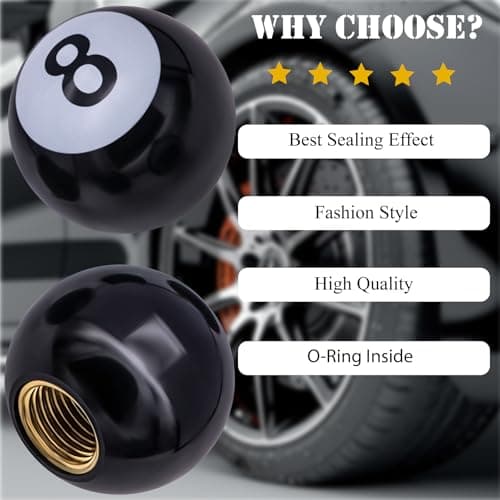MEAJOO 4PCS Pool 8 Ball Style Tire Valve Stem Caps, Universal Copper Core Dustproof Tire Valve Stem Covers for Cars, SUV, Trucks, Bikes, Motorcycles, Bicycles(Black) — view 5
