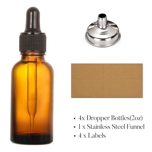 4 Pack, 2 oz Bottles with Dropper & 1 Funnel & 4 Labels - Essential Oils Bottles for Health, Personal Care & Beauty - 60ml Thick Dark Amber Glass Tincture Bottles, Refillable Cosmetic Containers — view 2