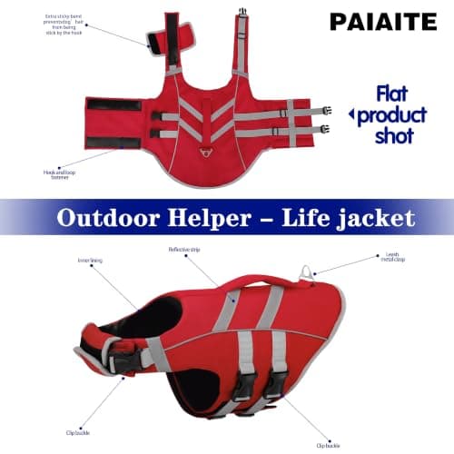 Paiaite Dog Life Jacket: Ripstop High Buoyancy Swimsuit with Reflective Stripes & Rescue Handle - Adjustable Preserver with Leash Hook for Swimming, Boating & Lake Activities for Dogs Red S — view 2