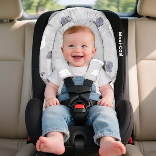 Baby Car Seat Head Support with Extra Headrest, 2-in-1 Babybody Supports with Shoulder Pads Set for Newborn, Adjustable Infant Car Seat Insert Compatible with Stroller, Baby Swing, (Grey Elephant)