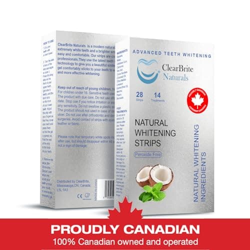 Proudly Canadian ClearBrite Naturals Whitening Strips, Peroxide Free, Coconut Mint Flavour, Natural Active Ingredients, 28 Strips (14 Treatments)