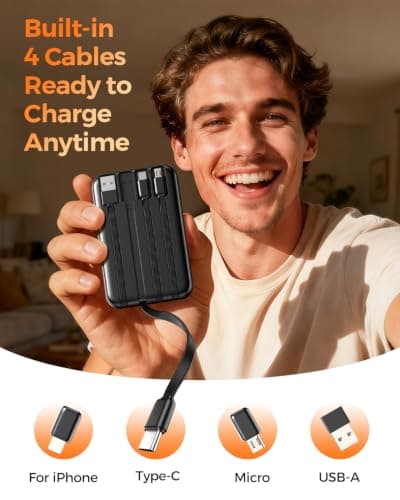 Zmmyuluo Portable Charger with 4 Built-in Cables Power Bank 40% Smaller 10000mAh Fast Charging Battery Pack,LED Display Compact with Multiple USB Ports Travel Charger for iPhone Other Devices-Black — view 4