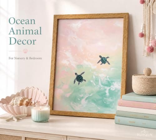 Framed Turtle Canvas Wall Art,Summer Tropical Animal Painting Picture Wall Decor,Dreamy Ocean Coastal Poster Print Artwork,for Bathroom Bedroom Living Room kids Room Home Decoration 8x10in — view 2