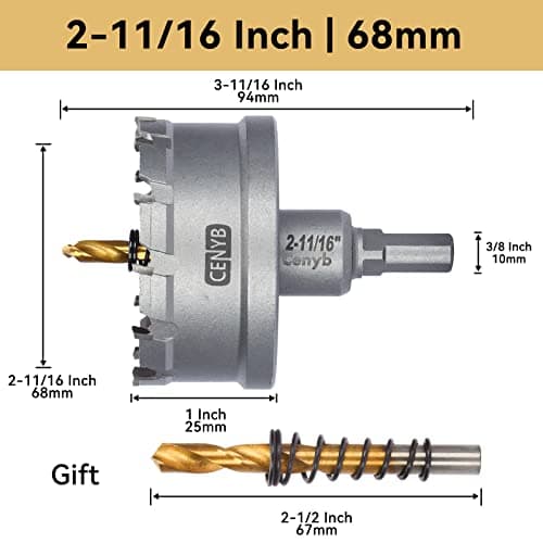 CENYB 2-11/16" (68mm) Tungsten Carbide Tipped Hole Saw with 2Pcs Titanium-Plated Pilot Drill Bits for Metal, Steel, Iron, Wood, Plastic