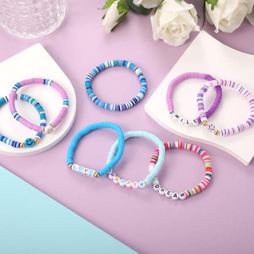 YALASOBA Colorful Smile Heart Star Bracelets Set - Y2K Kidcore Aesthetic - Polymer Clay Pearl Beaded Charm Stackable Jewelry for Women, Girls, Teens(Purple) — view 3