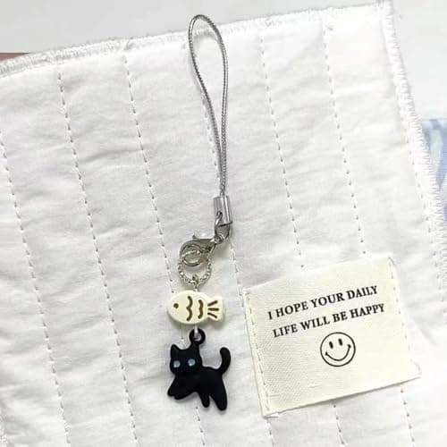 PUCAPOCO Black Cat Phone Charm Cute Kawaii Cat Fish Phone Camera Bag Charm Accessories (Black)