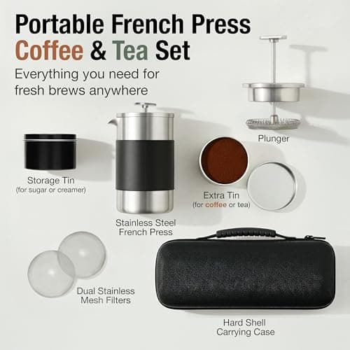 Small French Press Coffee Maker Set - 12 oz | Portable Travel French Press Coffee Maker | Double Wall Insulated with Dual Stainless Filters & 2 Steel Canisters for Grounds, Tea, Creamer & Sugar — view 2