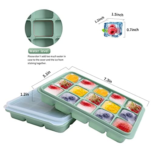 Tvmania Ice Cube Trays Set of 2, Easy Release 15 Flexible Silicone Ice Cube Molds with Removable Lid Reusable Freezer Ice Trays Stackable for Whiskey, BPA Free (Green)