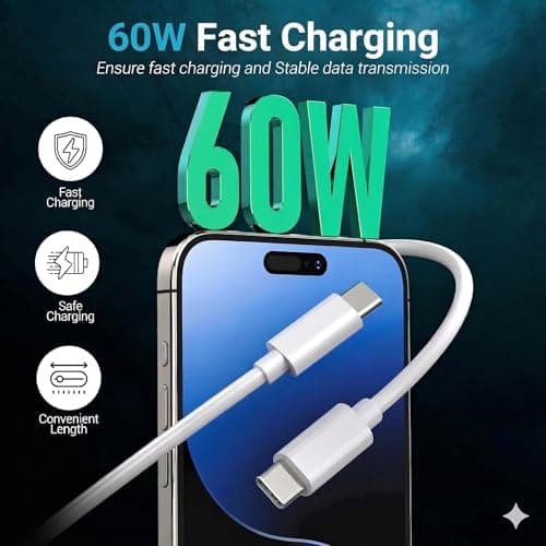 TZBAY 4-Pack 6ft 60W USB-C to C Fast Charging Cable, Type C to C Charger Cord for iPhone 17, 17 Air, 17 Pro, 17 Pro Max, 16,16 Plus, 16 Pro, 16 Pro Max, 15, Pad Pro, Galaxy S25, S24- White — view 4