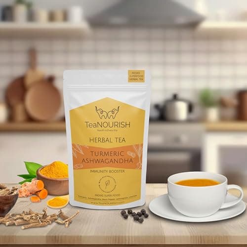 TeaNOURISH Turmeric Ashwagandha Herbal Tea | CAFFEINE-FREE Tisane | Indian Superfoods Blended with Black Pepper & Licorice | Supports Immunity | 100% NATURAL INGREDIENTS - 3.53oz/100g