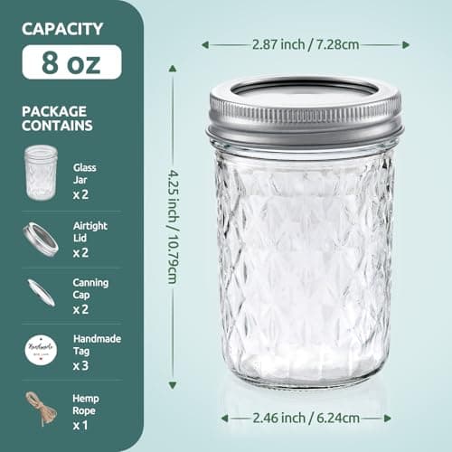 2 Pack 8 oz Mason Jars with Lids, Regular Mouth Leak-Proof Airtight Lids, Glass Canning Jars for Food Storage, Overnight Oats, Pickling & Preserving — view 4