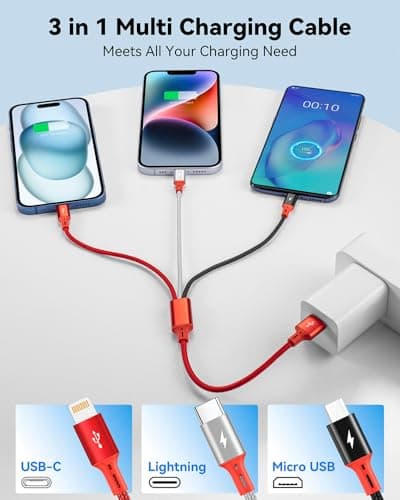 Multi Charging Cable, 3 in 1 Retractable Multiple Charger Cable, Fast Charging Cable, USB C Charger with Lightning/Micro/Type C for iPhone, iPad, Samsung, PS, Tablets & More (3,1ft) — view 2