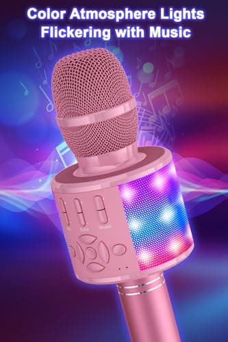BONAOK Kids Karaoke Microphone Portable Bluetooth Machine Wireless Mic with LED Light, Birthday Gift Toys for Girls Boys Ages 4 5 6 7 8 9 10 11 12 Years Old Party Home(Pinkcolor)