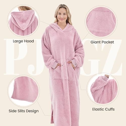 PJGGZ Wearable Blanket Hoodie for Women Men, Fleece Warm Comfy Hooded Sweatshirt with Pockets & Sleeves Cozy Gift for Adult(Pink,Oversize)