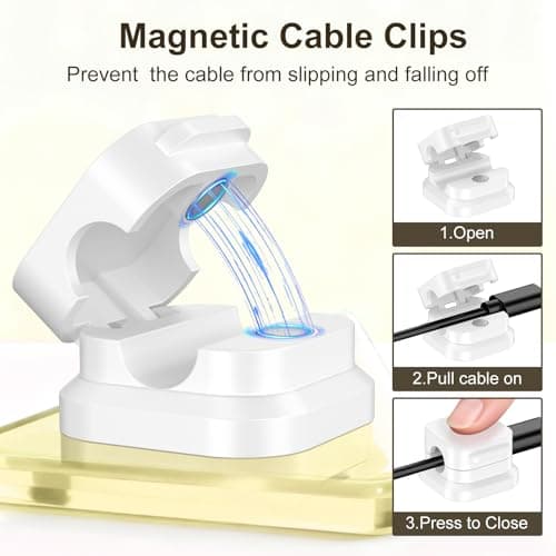 10 Pack Magnetic Cable Clips, Cord Holder with Strong Adhesive, Cable Management Organizer for Desk, Phone Charger, Computer, Car, Home Office - White/Black