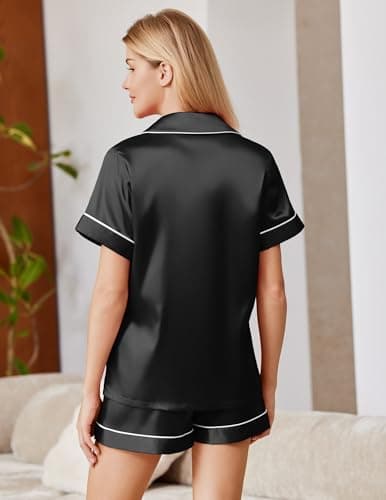Ekouaer Silk Pajamas for Women Button Down Lounge Sets 2 Piece Satin Pjs Shorts Set Short Sleeve Sleepwear Black,S