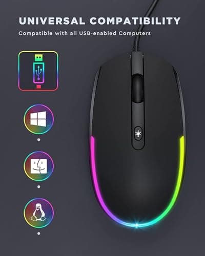 seenda Wired Mouse - USB Corded Mouse with Colorful RGB Backlit, Plug and Play, 1600 DPI Optical Tracking，Silent Computer Mouse for Laptop, PC, Chromebook, Desktop, Office, School, Home, Black — view 5