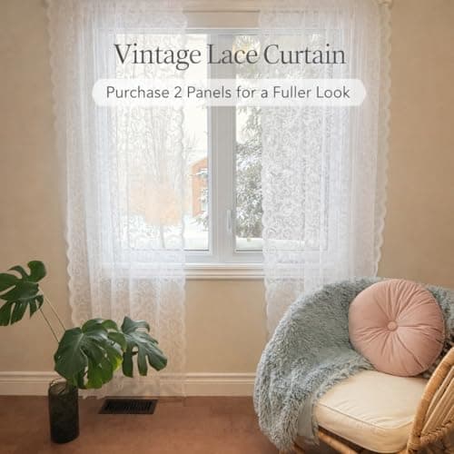 Pinelinq Vintage Lace Curtain 52 x 72 Inch White – 1 Panel Sheer Botanical Floral Window Panel with Rod Pocket – Light Filtering Farmhouse Curtain