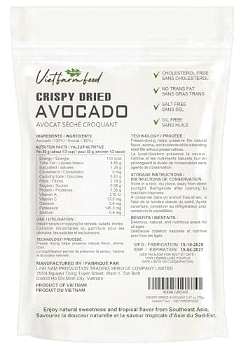 CRISPY DRIED AVOCADO 2.47 oz (70g) VIETFARMFOOD: Freeze-dried, no sugar added, naturally slightly bitter & fatty,. Nutritious, pure, crunchy. Great for snacking, toppings, desserts, or healthy gifting