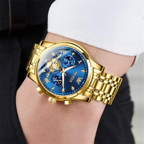 OLEVS Gold Mens Watch Blue Face Classic Luxury Fancy Nice Dress Watch Men Big Dial Date Stainless Steel Water Resistant Quartz Analog Men's Wrist Watches Moon Phase Skeleton Relojes De Hombre