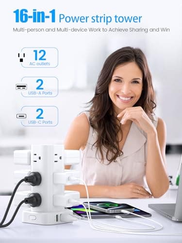 Tower Power Strips with Surge Protection, 6FT Flat Extension Cord with Multiple Outlets, 12 AC 4 USB Ports, Overload Protection Charging Station for Office Home Dorm Room Travel (White)