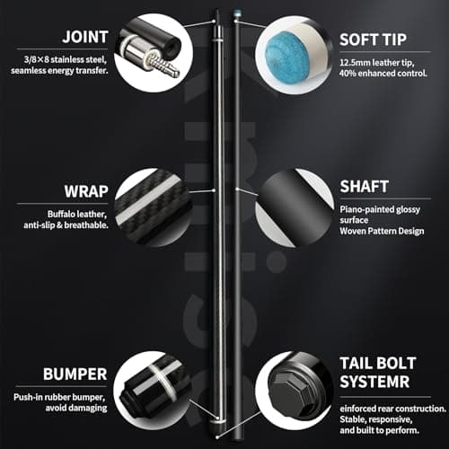 Kmise Carbon Fiber Pool Cue Stick 58", Billiard Cue Sticks 23oz, Low Deflection Pool Cue with 12.5mm Tip, Professional Billiard Carbon Fiber Pool Sticks for Adults, 23oz