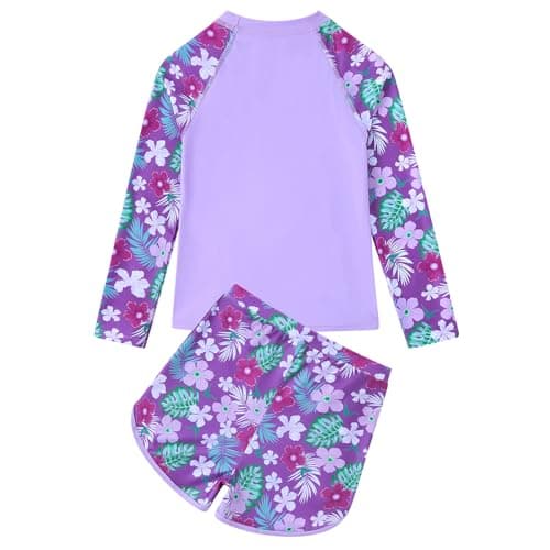 Kinberr Girls Swimsuit 8-9 Years Long Sleeve Bathing Suit 2-Piece Rash Guard Set Quick Dry Swimwear for Summer,Purple