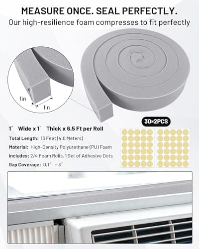 Air Conditioner Window Seal, 2 Roll of 1 in × 1 in × 6.5 ft Foam Stripe with Adhesive for Window AC Insulation, High Density Foam Tape Weather Stripping for Doors and Windows Insulation, AC Foam Tape